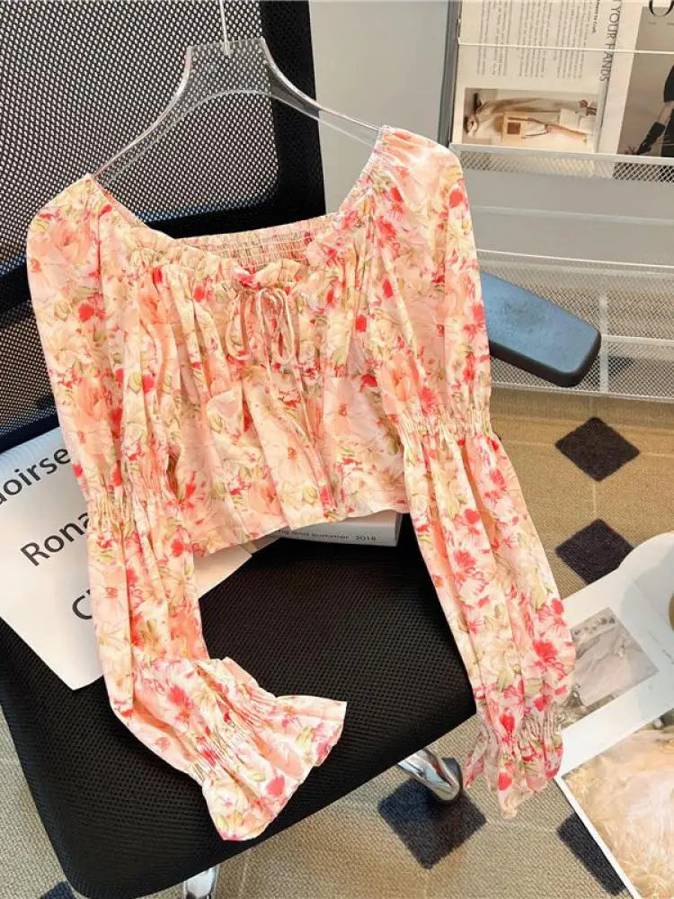 Spring Women Yellow Red Flower Long Sleeve Square Neck Backless Blouse Retro French Ruffle Edge Lace-up Holiday Shirt Short Tops