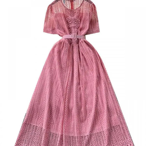 Load image into Gallery viewer, Summer French Retro Solid Round Neck Short Sleeved Hollow Out Lace Dress For Women Slim Elegant High Waist Party Evening Dresses
