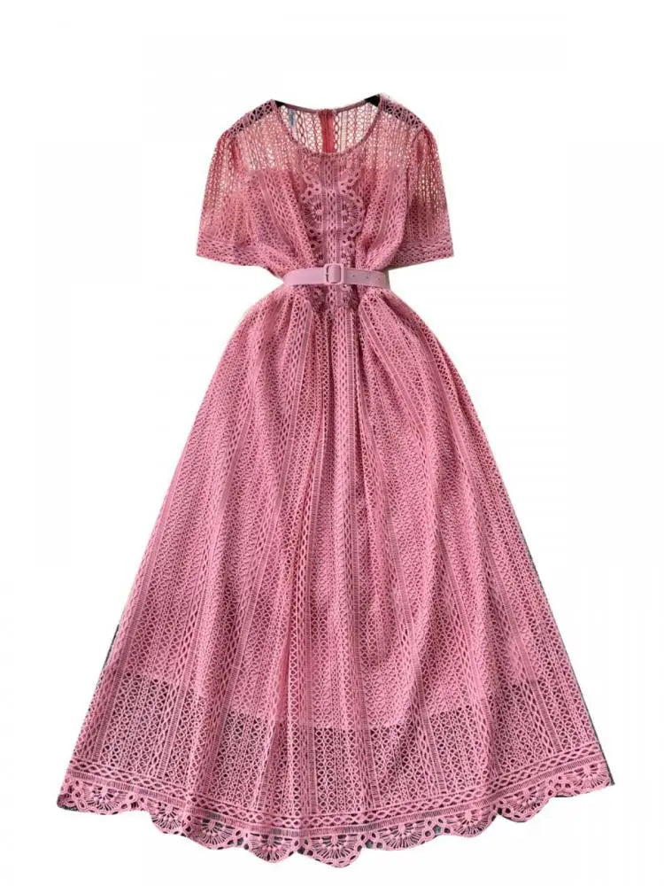 Summer French Retro Solid Round Neck Short Sleeved Hollow Out Lace Dress For Women Slim Elegant High Waist Party Evening Dresses