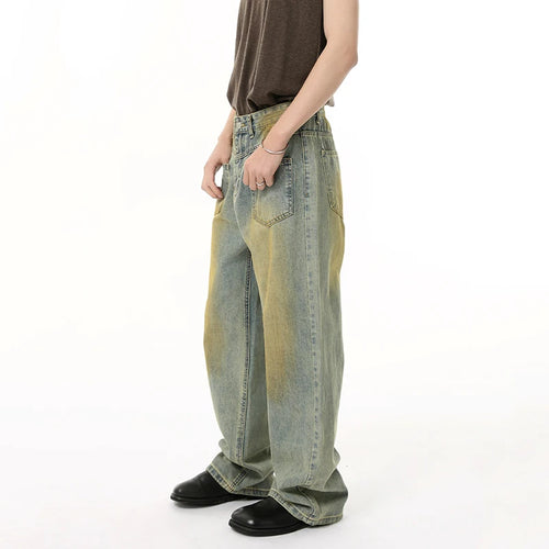 Load image into Gallery viewer, American Style Men's Jeans Reversible Contrast Color Bottom Worn-out Straight Wide Leg Washed Male Denim Pants New 9W1846
