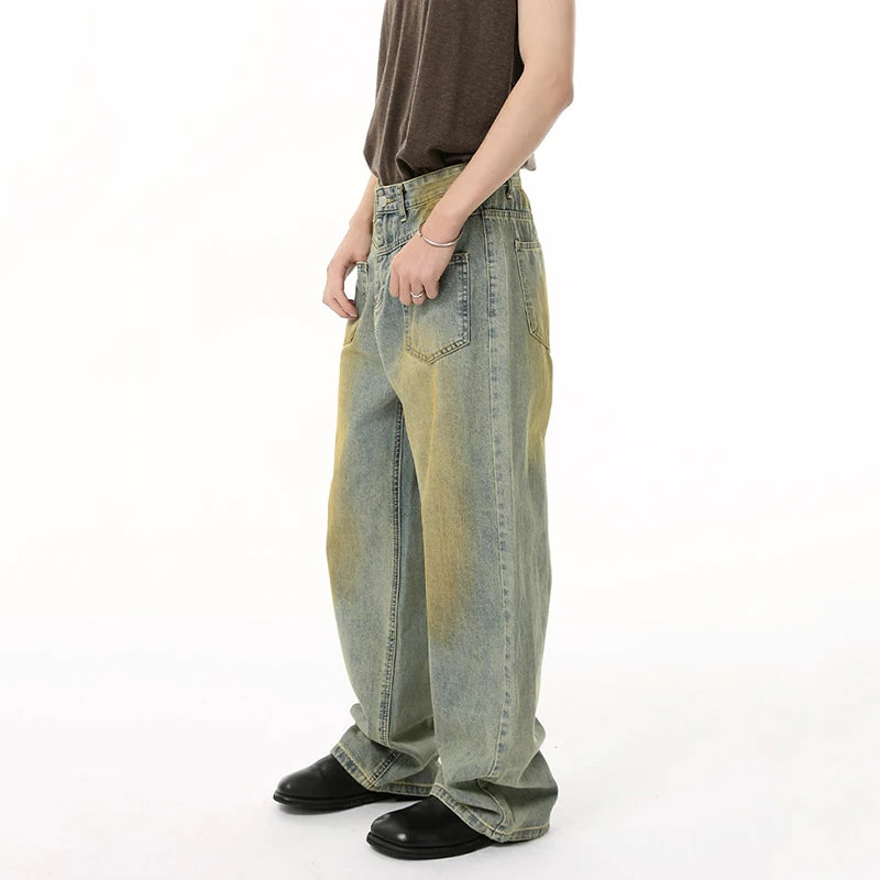 American Style Men's Jeans Reversible Contrast Color Bottom Worn-out Straight Wide Leg Washed Male Denim Pants New 9W1846