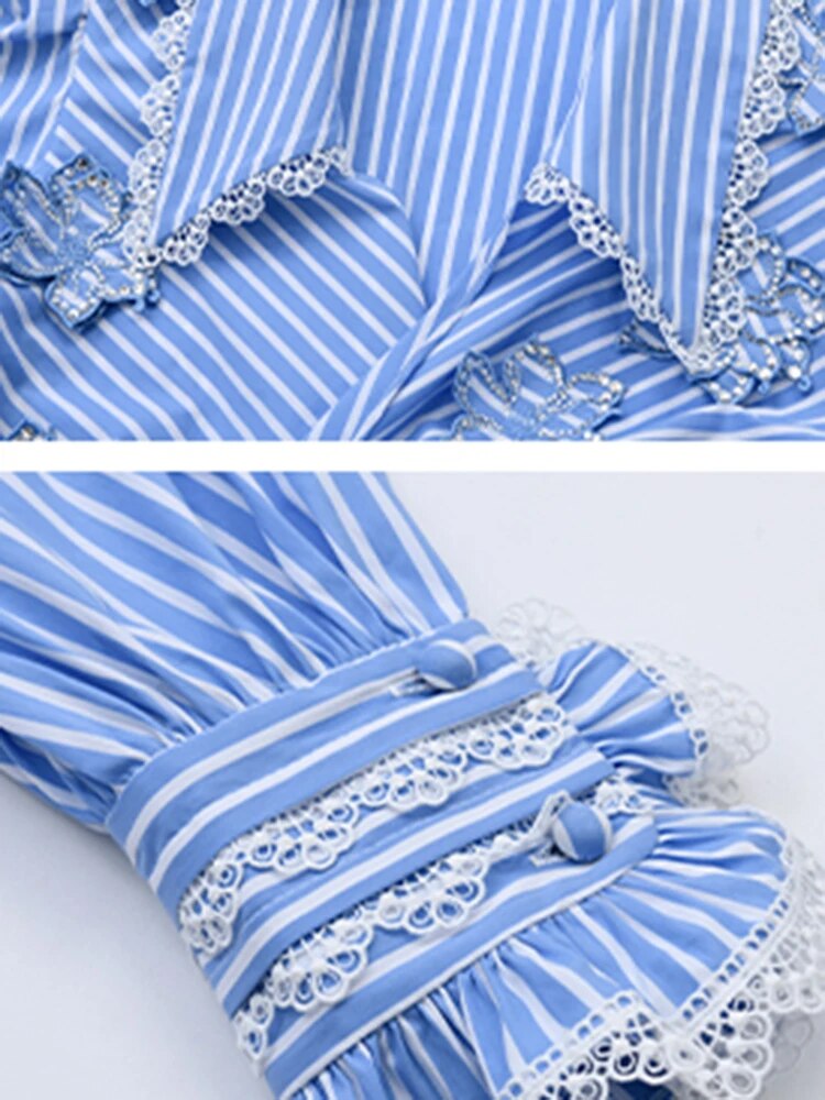 Colorblock Striped Slimming Shirts For Women Lapel Puff Sleeve Crisscross Binding Casual Blouses Female Fashion