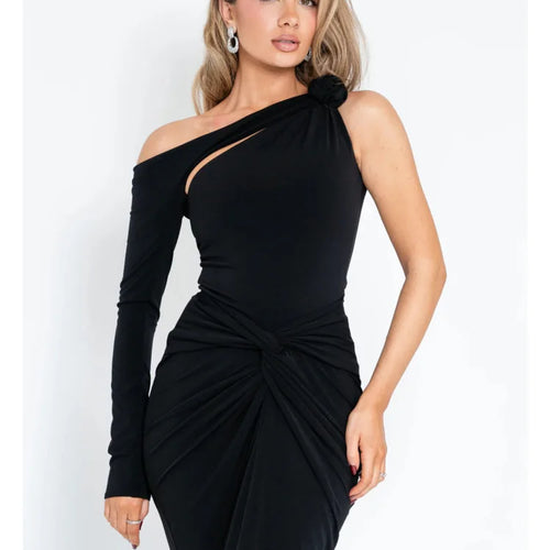 Load image into Gallery viewer, Elegant Single Sleeve Irregular Hollow Out Bodycon Party Club Evening Dress Women Sexy Fold Spring/Summer New Vestido
