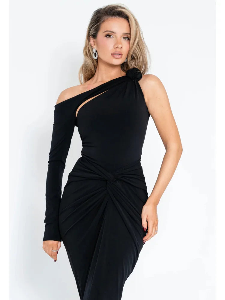 Elegant Single Sleeve Irregular Hollow Out Bodycon Party Club Evening Dress Women Sexy Fold Spring/Summer New Vestido
