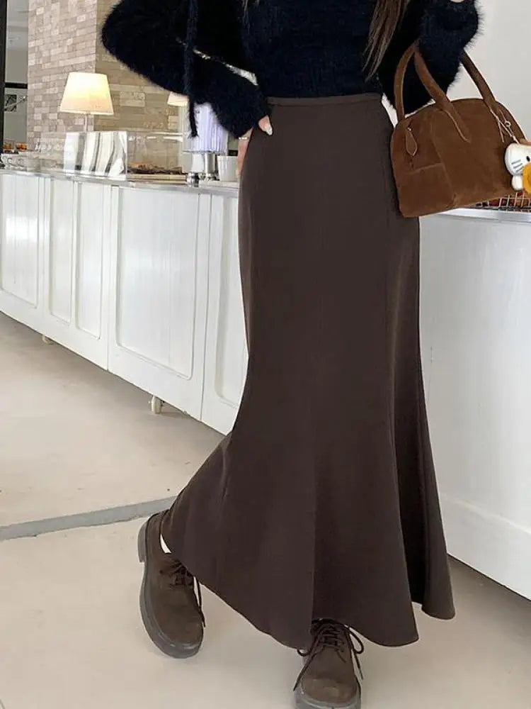 Korean Fashion Black High Waist Women Vacation Wrapped Hip Long Skirt Autumn Winter Brown Fishtail Skirts Trendy Streetwear Chic