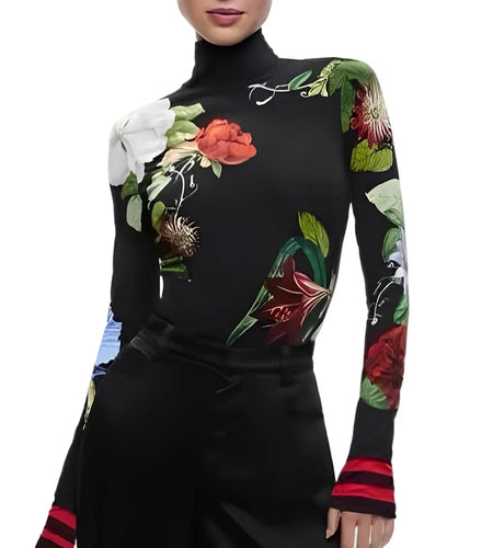 Autumn Winter Women's Vintage Pullover Tops Long Sleeves Skinny Floral Printed Split-Joint High Neck Trendy T-shirts for Woman