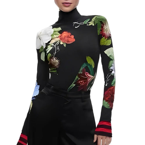 Load image into Gallery viewer, Autumn Winter Women&#39;s Vintage Pullover Tops Long Sleeves Skinny Floral Printed Split-Joint High Neck Trendy T-shirts for Woman

