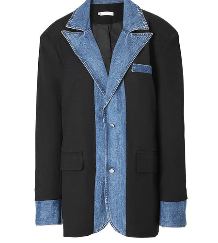 Women Dark Blue Deinm Spliced Big Size Blazer New Lapel Long Sleeve Loose Fit Jacket Fashion Spring Autumn 2025 1DF3061