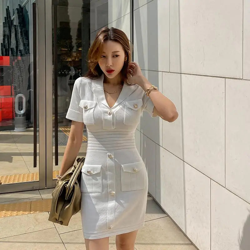 Spring French Fashion White Festival Button Slim Short Sleeve Dress Women Office Wrap Hip Knit Mini Dress Popular Simplicity New