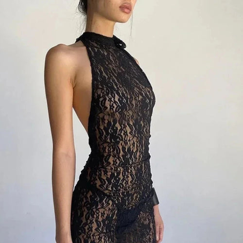 Load image into Gallery viewer, Floral Lace Mesh See Through Black Sexy Dress Y2k Club Outfits Halter Backless Mini Dresses for Women 2023 C15-BZ10
