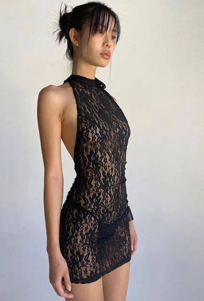 Floral Lace Mesh See Through Black Sexy Dress Y2k Club Outfits Halter Backless Mini Dresses for Women 2023 C15-BZ10