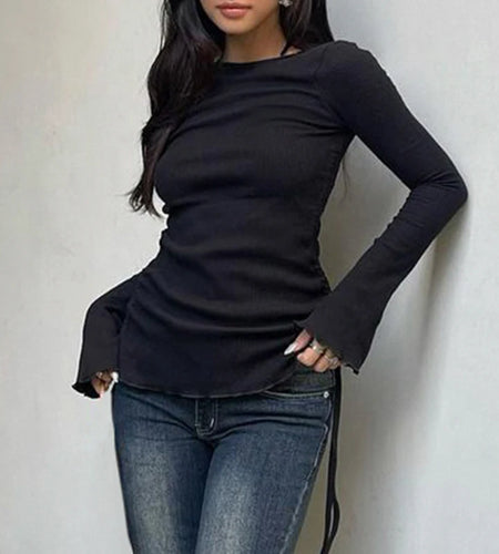 Gothic Casual Frill Autumn T-shirts for Female Long Sleeve Drawstring Fashion Pullover Top All-Match Shirring Shirts