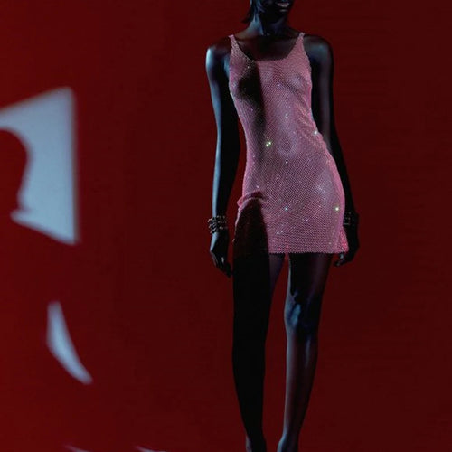 Load image into Gallery viewer, Glitter See Through Sexy Mini Dress For Women New Spaghetti Strap Sleeveless Transparent Shiny Diamond Short Dress
