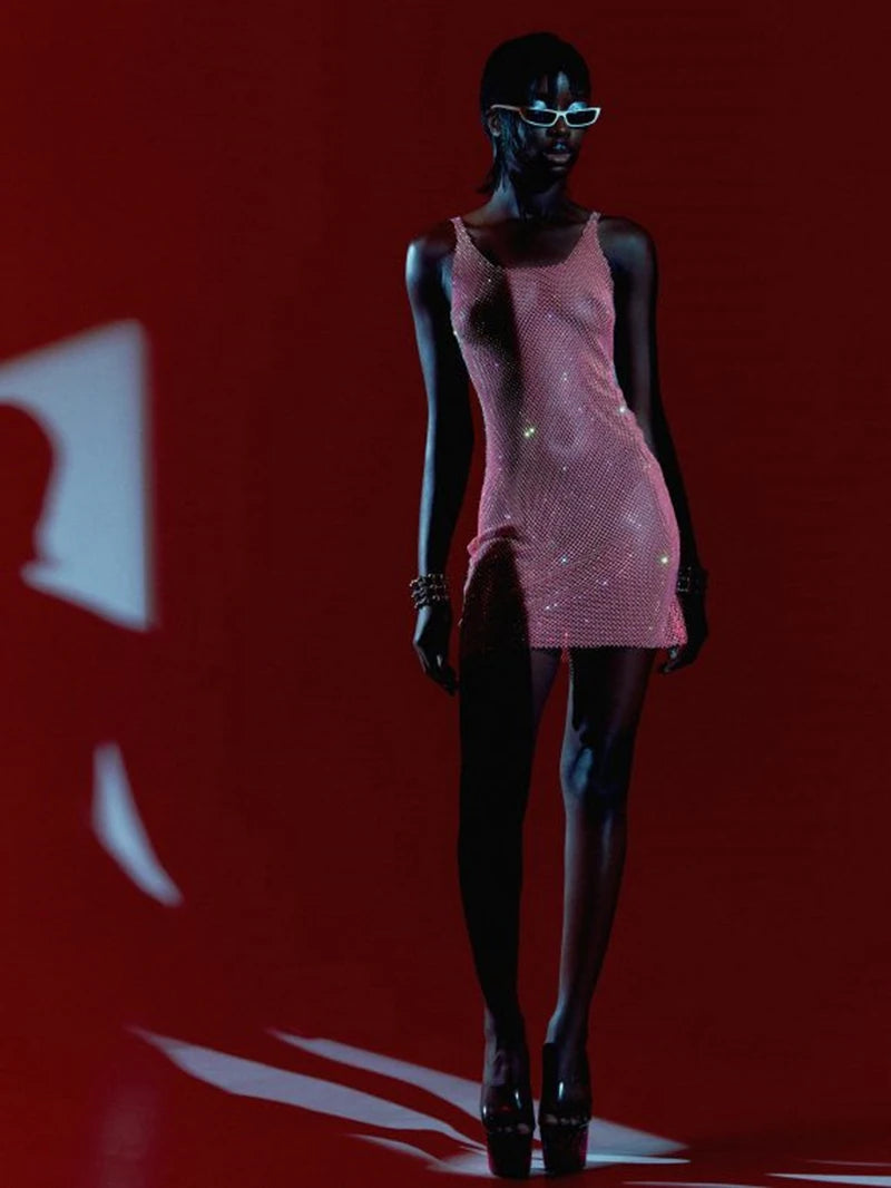 Glitter See Through Sexy Mini Dress For Women New Spaghetti Strap Sleeveless Transparent Shiny Diamond Short Dress