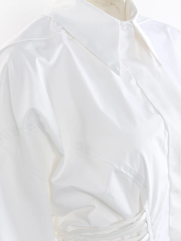 Women White Bandage Pleated Irregular Big Size Blouse New Lapel Long Sleeve Shirt Fashion Tide Spring Autumn 2025 1DJ0341