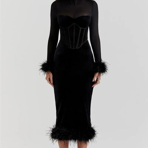 Load image into Gallery viewer, Elegant Feather Sexy Midi Dress For Women Black Fashion Sheer Long Sleeve Backless Bodycon Club Party Long Dress
