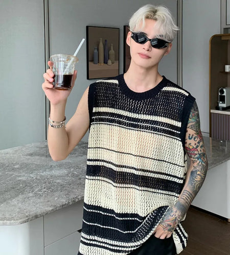 Men's Stripe Contrast Color Vests Stylish Hollow Out Knit Tank Top Male Loose Fitting Summer Lazy Sleeveless T-shirt 9C571