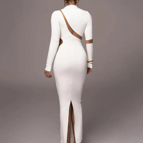 Load image into Gallery viewer, Turtleneck Long Sleeve Bodycon Maxi Dress For Women Autumn New Patchwork Hollow Out Club Party Sexy Long Dress Vestidos
