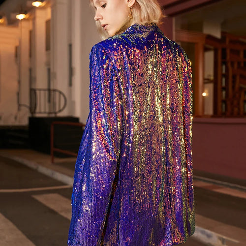 Load image into Gallery viewer, Loose Fit Blue Sequins Big Size Casual Jacket New Lapel Long Sleeve Women Coat Fashion Tide Spring Autumn 2025 1DE3504
