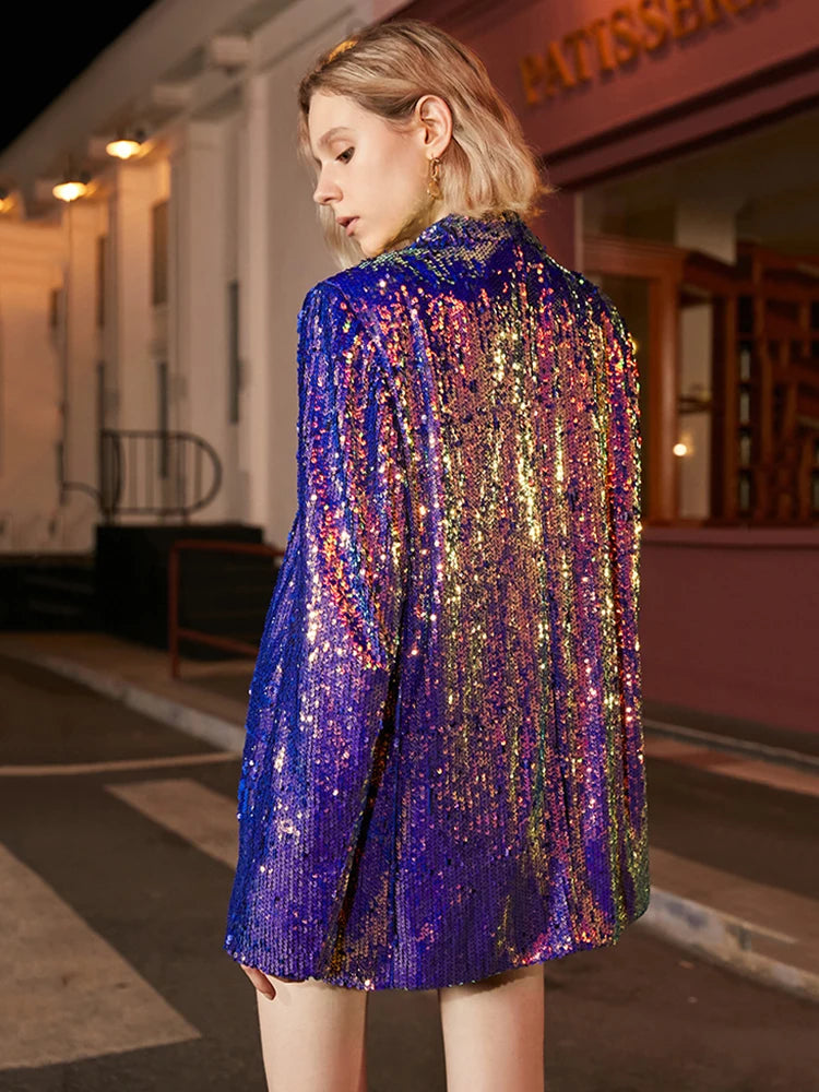 Loose Fit Blue Sequins Big Size Casual Jacket New Lapel Long Sleeve Women Coat Fashion Tide Spring Autumn 2025 1DE3504