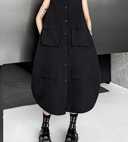 Women Black Pockets Big Size Casual Midi Vest Dress New Round Neck Sleeveless Fashion Tide Spring Autumn 2025 1DJ1167