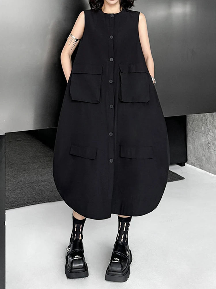Women Black Pockets Big Size Casual Midi Vest Dress New Round Neck Sleeveless Fashion Tide Spring Autumn 2025 1DJ1167