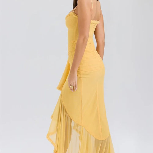 Load image into Gallery viewer, Ruffled Draped Ruched Sexy Maxi Dress For Women Yellow Spaghetti Strap Sleeveless Backless Club Party Sexy Long Dress
