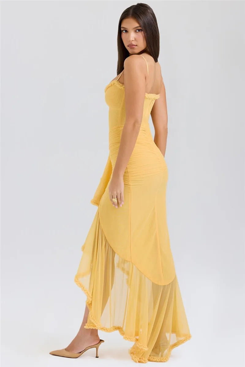 Ruffled Draped Ruched Sexy Maxi Dress For Women Yellow Spaghetti Strap Sleeveless Backless Club Party Sexy Long Dress