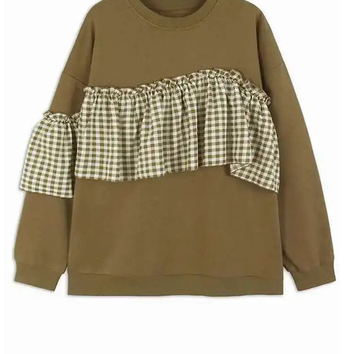 Load image into Gallery viewer, Black Plaid Ruffles Casual Sweatshirt New Round Neck Long Sleeve Women Big Size Fashion Tide Spring Autumn 2025 1DH7621
