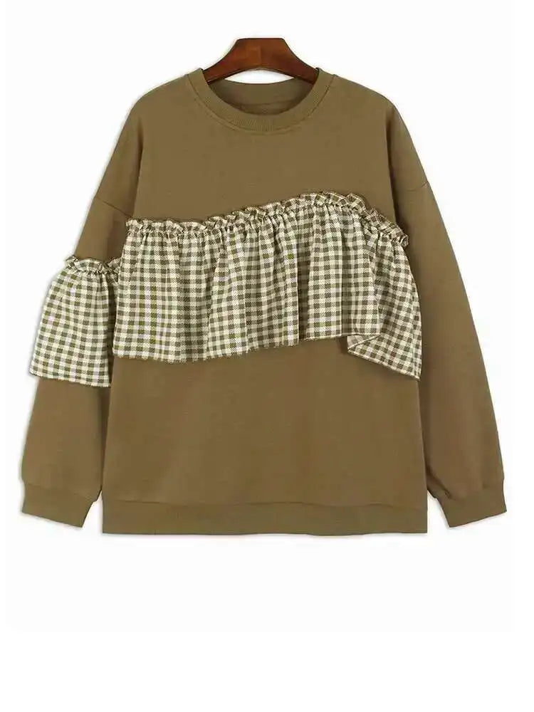 Black Plaid Ruffles Casual Sweatshirt New Round Neck Long Sleeve Women Big Size Fashion Tide Spring Autumn 2025 1DH7621