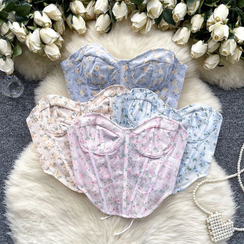 Load image into Gallery viewer, French Vintage Bohemian Summer Elegant Print Sexy Club Strapless Lace-up Short Tops Women Backless Fashion Irregular Clothes New
