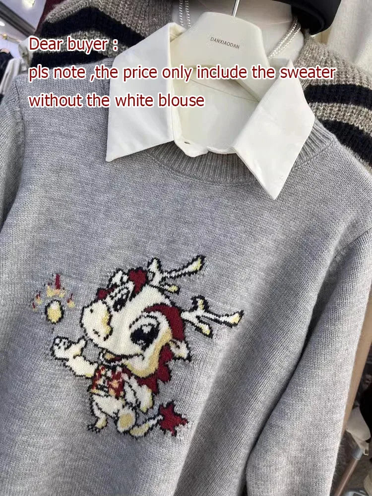 Sweet Sweater Pullover Women Cartoon Pullover Autumn Winter Outwear Loose Vintage Knitted Tops Female Fashion C-283