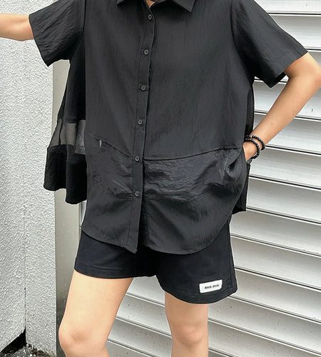 Women Black Organza Perspective Big Size Blouse New Lapel Short Sleeve Shirt Fashion Tide Spring Summer 2025 1DJ1390