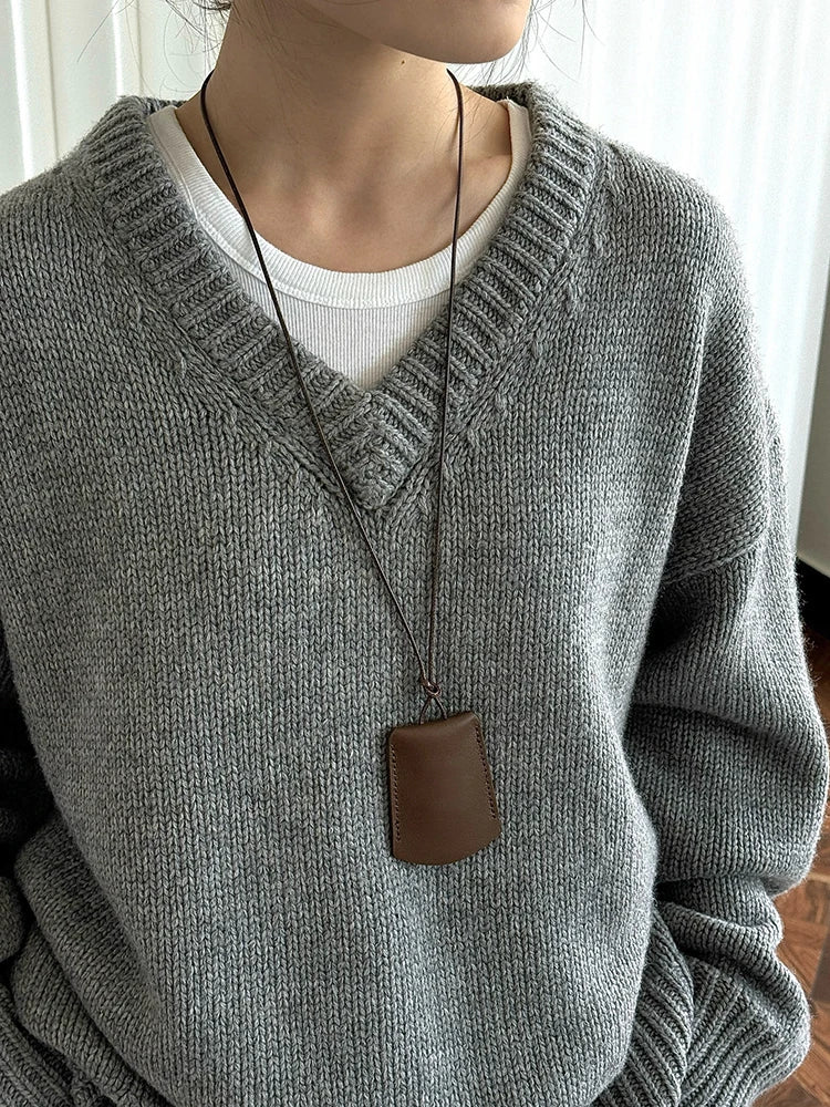 50% Wool Thick Big Size Knitting Sweater V-Neck Long Sleeve Women Pullovers New Fashion Tide Spring Autumn 2025 1DH7319