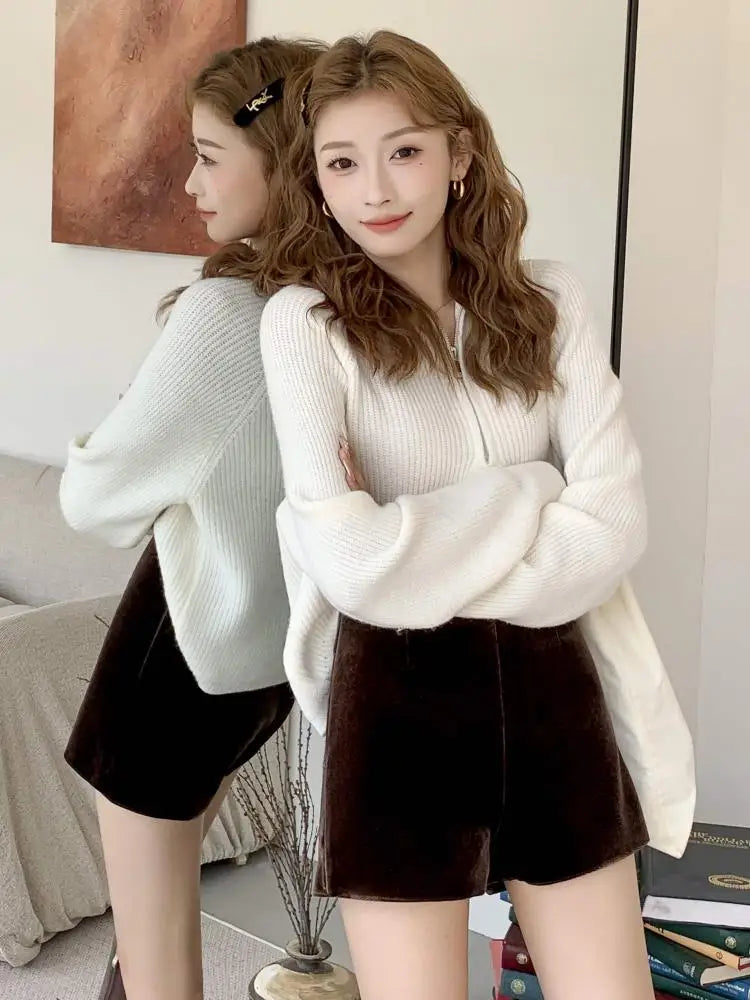 Korean Fashion Women Black High Waist Velvet Shorts Autumn And Winter Chic Lady Casual Brown Short Pant Simplicity Trend Popular