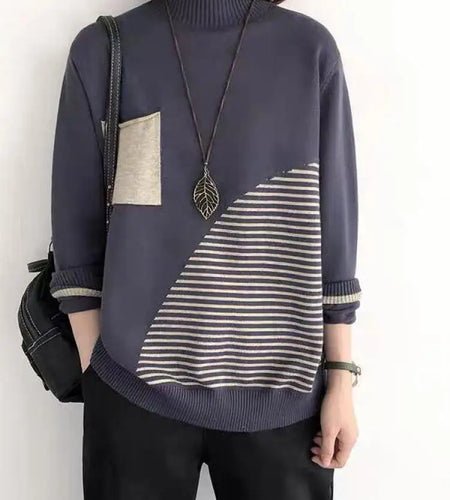 2024 New Women Striped Patchwork Half High Neck Knitted Tops Streetwear Autumn Winter Casual Long Sleeve Pullover Sweater Trendy