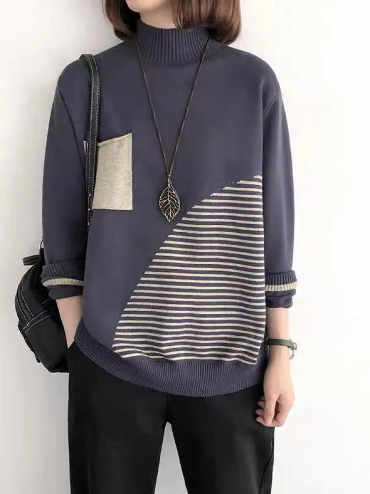 2024 New Women Striped Patchwork Half High Neck Knitted Tops Streetwear Autumn Winter Casual Long Sleeve Pullover Sweater Trendy