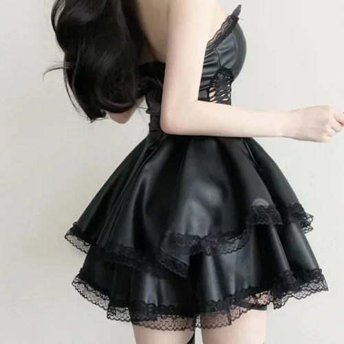 Load image into Gallery viewer, Leather Sexy Black Dress Bandage Off Shoulder Hollow Out Lace Sexy Short Dresses Party Strapless Summer

