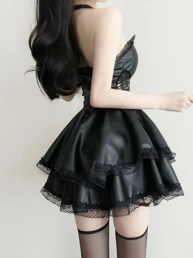 Leather Sexy Black Dress Bandage Off Shoulder Hollow Out Lace Sexy Short Dresses Party Strapless Summer
