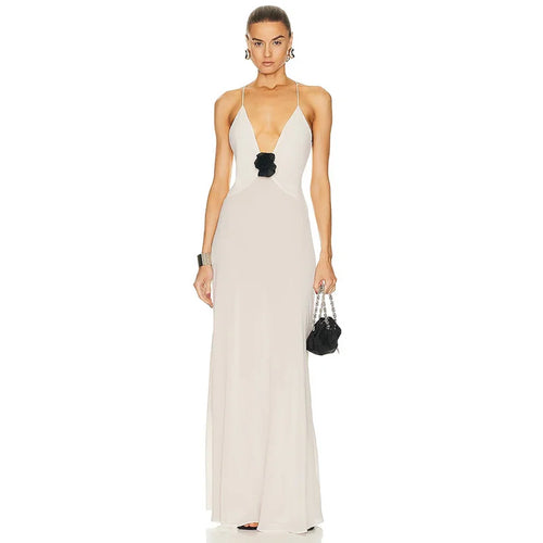 Load image into Gallery viewer, Deep V Neck Tie Flower Backless Maxi Dress Women New Spaghetti Strap Sleeveless Long Dress Elegant Sexy Club Slipdress
