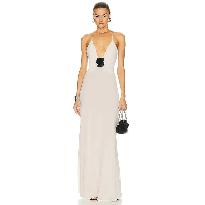 Deep V Neck Tie Flower Backless Maxi Dress Women New Spaghetti Strap Sleeveless Long Dress Elegant Sexy Club Slipdress