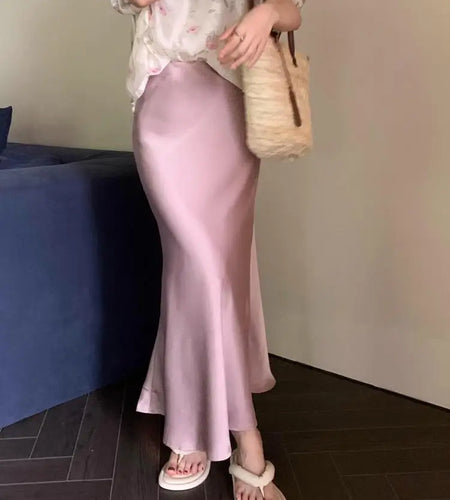 Spring Summer Women Black Beige Elegant Long Skirt Korean Version Pink High Waist Temperament Vacation Half Skirt Versatile Chic