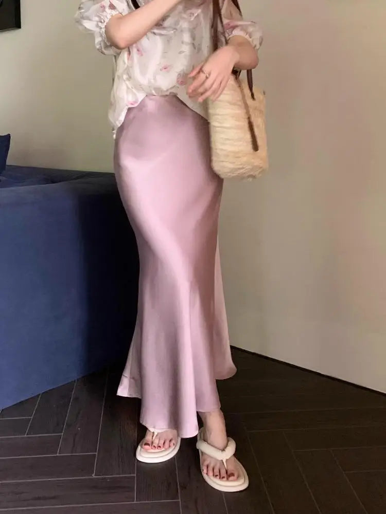 Spring Summer Women Black Beige Elegant Long Skirt Korean Version Pink High Waist Temperament Vacation Half Skirt Versatile Chic