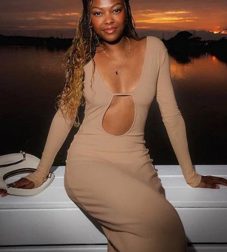 Elegant Long Sleeve Elastic Tight Maxi Dress Women Sexy Hollow Out Body Party Club Evening Dress 2025 Slim Vestidos