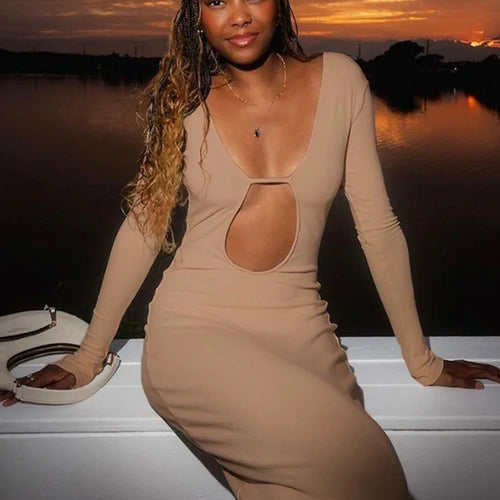 Load image into Gallery viewer, Elegant Long Sleeve Elastic Tight Maxi Dress Women Sexy Hollow Out Body Party Club Evening Dress 2025 Slim Vestidos

