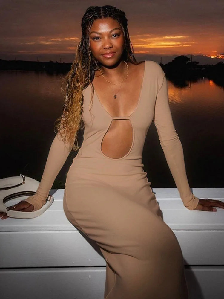 Elegant Long Sleeve Elastic Tight Maxi Dress Women Sexy Hollow Out Body Party Club Evening Dress 2025 Slim Vestidos