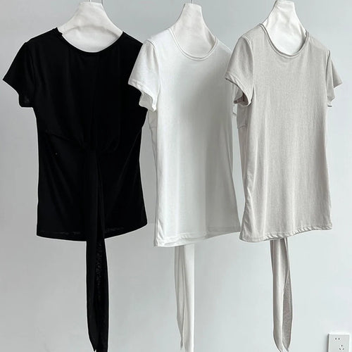Load image into Gallery viewer, Women White Gray Waist Bandage Brief Elegant T-shirt New Round Neck Short Sleeve Fashion Tide Spring Summer 2025  1DJ1897
