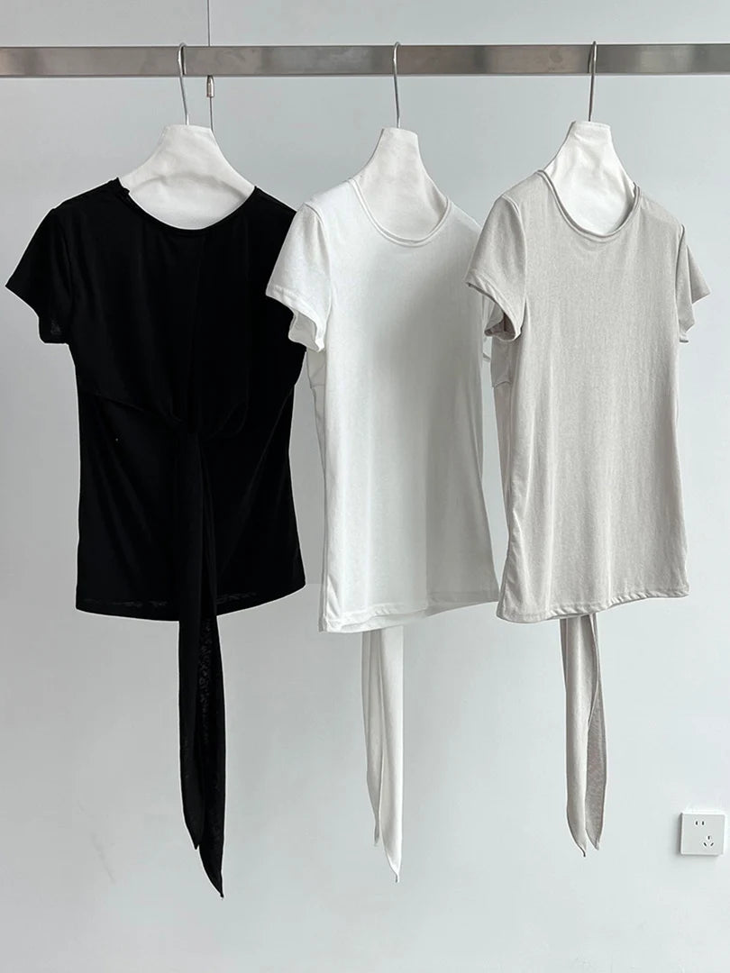 Women White Gray Waist Bandage Brief Elegant T-shirt New Round Neck Short Sleeve Fashion Tide Spring Summer 2025  1DJ1897