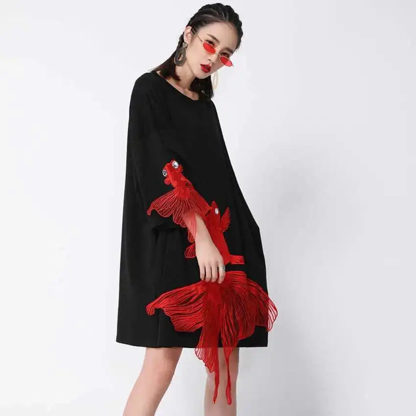 Women Black Fish Embroidery Knee Length Big Size Dress New Round Neck Wrist Sleeve Fashion Tide Spring Autumn 2025 OA868