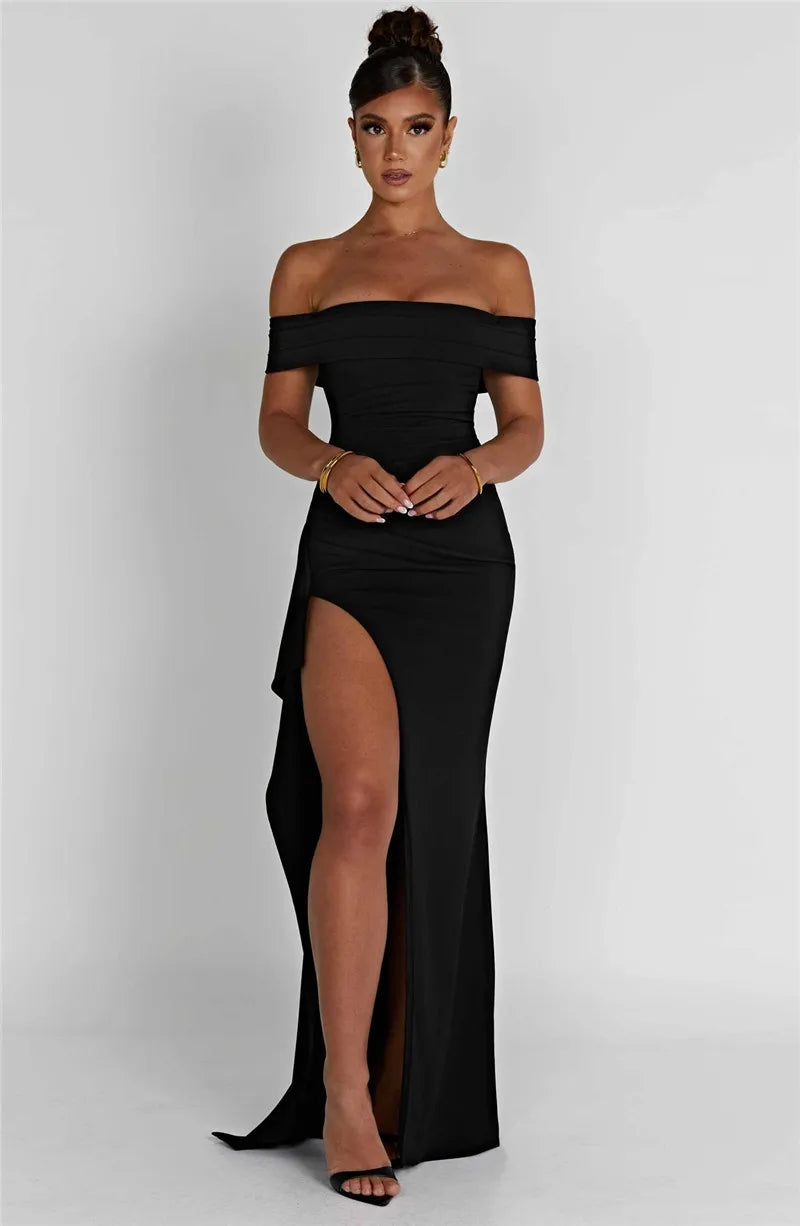 Elegant Off-shoulder High Split Maxi Dress Women Fashion Strapless Sleeveless Backless Bodycon Club Party Sexy Dress